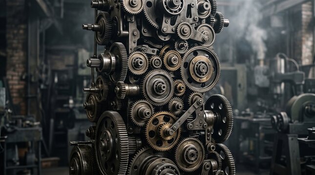 Vertical composition of intricate steel gears, cogs, and mechanical shafts within a dark industrial machine shop featuring smoke, steam, and vintage manufacturing equipment.