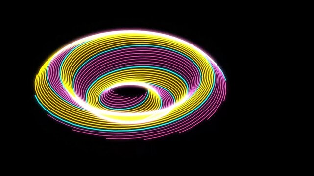 Abstract toroidal shapes rotating with vibrant gradient hues against a dark backdrop