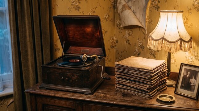 A classic gramophone, a stack of antique records, and a framed photo on a wooden dresser in a dimly lit, vintage-style room with floral wallpaper.