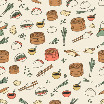 Seamless pattern of Chinese dim sum and bamboo steamers.