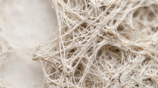 Close up of raw sustainable mycelium organic texture with white fibers