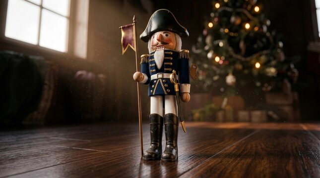 Nutcracker soldier figurine holding a flag near a Christmas tree  