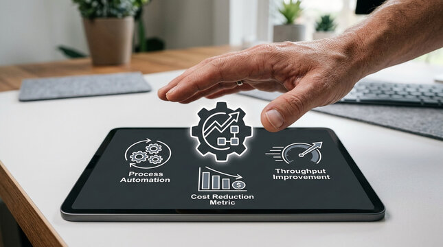 Businessman interacting with a digital tablet displaying process automation cost reduction metrics and throughput improvement icons for business efficiency.