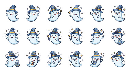Obraz premium Modern Set of Whimsical Ghost Characters Wearing Pointed Witch Hats with Magical Star Sparkles in Light Blue and Dark Gray