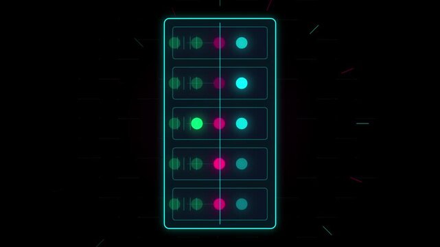 Neon server tower technology loop with glowing data lines in dark