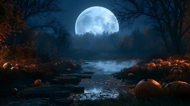 Full moon over a dark misty forest stream lined with pumpkins at night