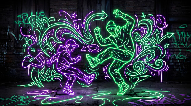Two people dancing hip hop in neon light graffiti style on a dark brick wall with neon lights graffiti art street dance neon sign youth culture glowing lines modern art dance move