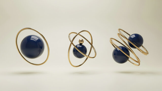 Dark blue spheres surrounded by golden rings floating against a soft neutral background