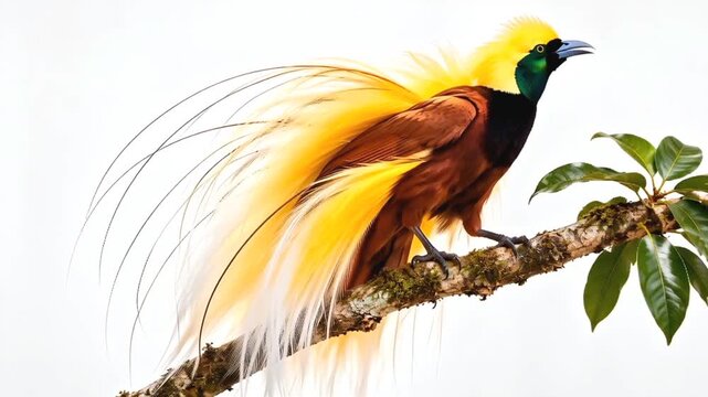 This is a very beautiful video of a bird of paradise, on a white background. 