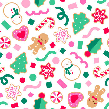 Cute cookies with confetti seamless pattern design for Christmas and new year holidays background.