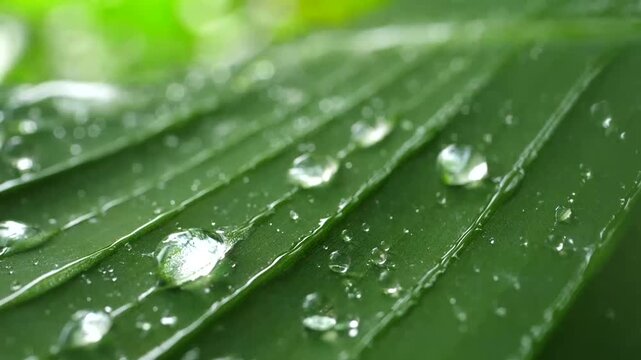 Close-up of raindrops on a glossy green leaf with prominent veins and soft-focus background