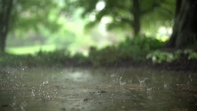 Raindrops splashing on wet pavement in a forest clearing with blurred green trees and natural bokeh background