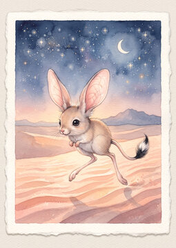 Sweet Baby Long-Eared Jerboa with Tufted Tail Leaping on Warm Pastel Desert Dunes