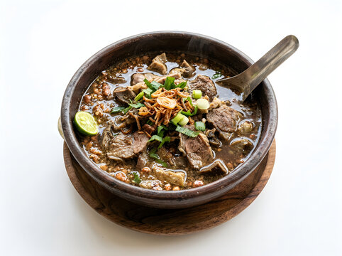 Traditional Indonesian Coto Makassar Beef Soup in Clay Bowl on Wooden Plate Isolated on White Background