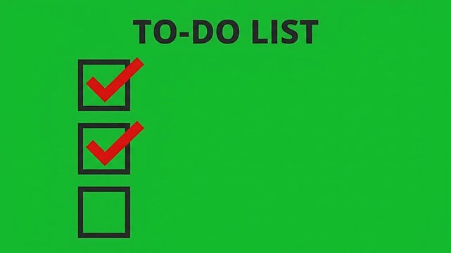 To do list animation with red check marks and empty boxes on green background video clip