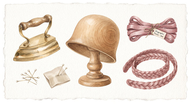 Watercolor Antique French Milliner Wooden Hat Block with Steaming Iron and Ribbons Clipart