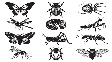 Obraz premium Insect Black and White Silhouette Icon Set for Graphic Design