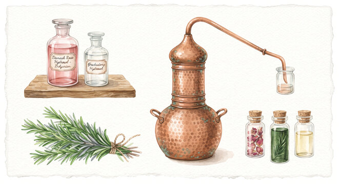 Watercolor Vintage Herbalist Copper Alembic Still with Hydrosol Glass Flacons Clipart