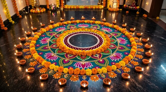 Intricate floral rangoli pattern with marigold petals, symmetrical festive Indian design