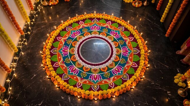 Intricate floral rangoli pattern with marigold petals, symmetrical festive Indian design