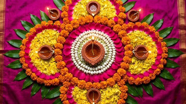 Traditional floral rangoli arrangement with lit oil diyas, colorful marigold petal mandala art for diwali festival celebration