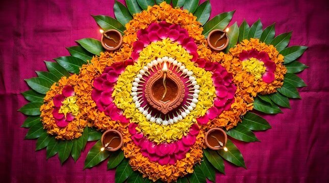 Traditional floral rangoli arrangement with lit oil diyas, colorful marigold petal mandala art for diwali festival celebration
