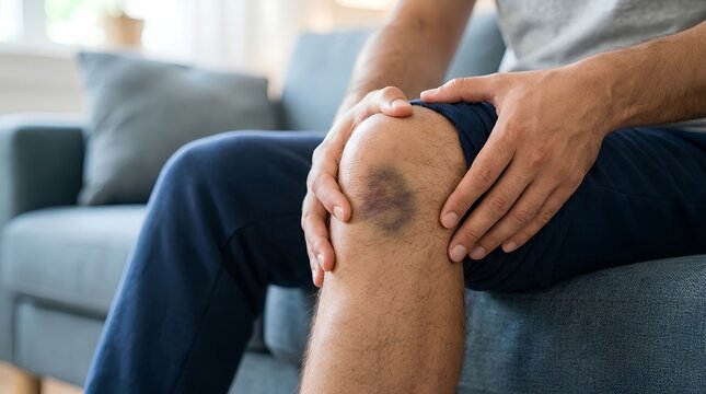 Man Holding Bruised Knee on Couch Close Up &ndash; Joint Contusion Orthopedic Medical Healthcare Banner