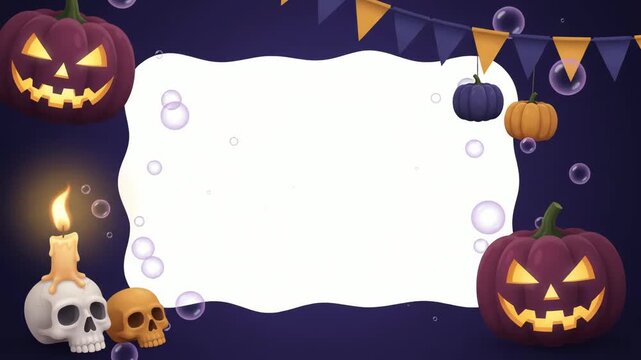 Halloween banner featuring carved jack o lanterns skulls and a burning candle with colorful hanging bunting flags around a white copy space area.