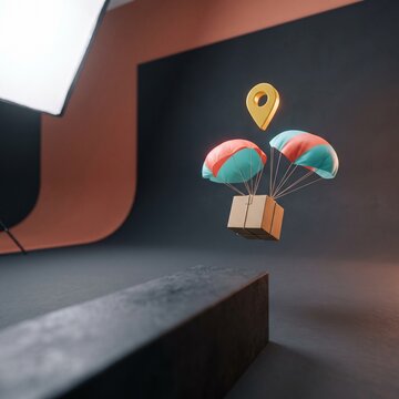3D render of a cardboard package floating with parachutes and a golden location pin in a studio setup for fast delivery