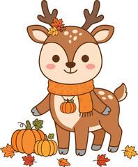 Fototapeta premium Cute cartoon deer wearing an orange scarf with autumn leaves and pumpkins.