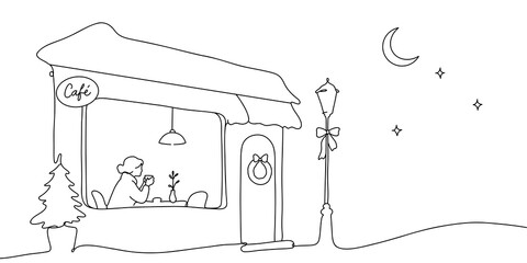 Minimalist line art drawing of a cozy night cafe with moon and stars © ImageFlow 