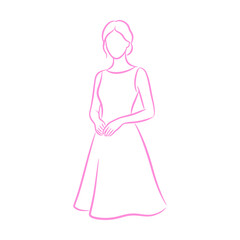 Minimalist line art drawing of a woman wearing a simple dress standing in a graceful pose Vector © azad