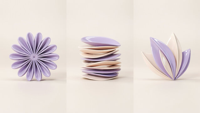 Set of three abstract ceramic sculptures with soft purple and white petal shapes
