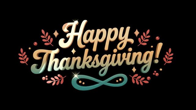 Happy Thanksgiving typography lettering art decorated with festive autumn leaves and sparkling stars displayed prominently against a solid dark black background.