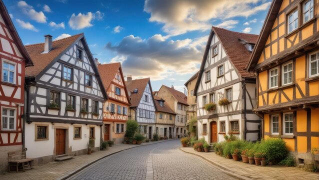 Traditional German Village Street with Ancient Half-Timbered Houses