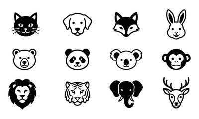 Fototapeta premium Set of twelve black and white animal face icons featuring various wildlife and domestic species