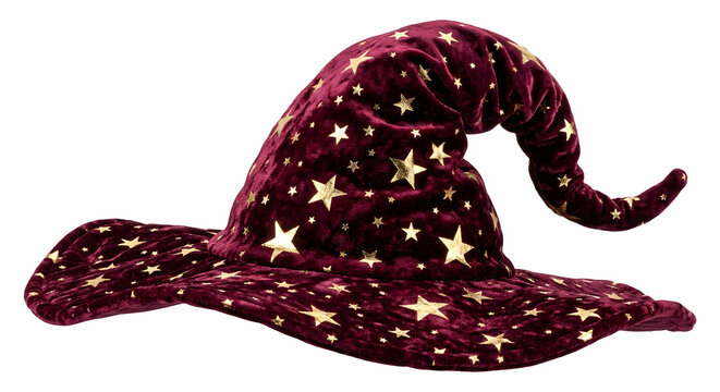 Burgundy velvet wizard hat with gold foil stars creates magical costume accessory for halloween.