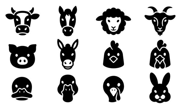 Farm animal face icon set featuring cow horse sheep goat pig donkey chicken rooster duck goose turkey rabbit