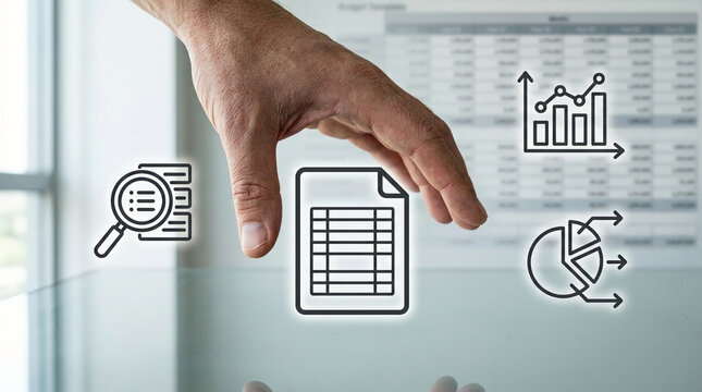 Human hand interacting with digital data analysis icons and spreadsheet symbols for business financial auditing and management concepts in a modern office.