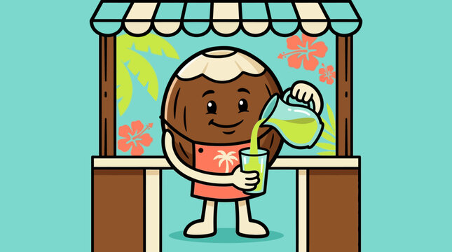 Cartoon coconut character serving green juice at beach kiosk.
