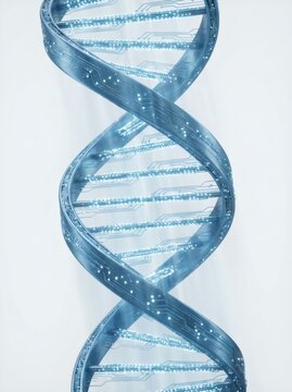 Futuristic DNA double helix structure made of electronic circuit board patterns