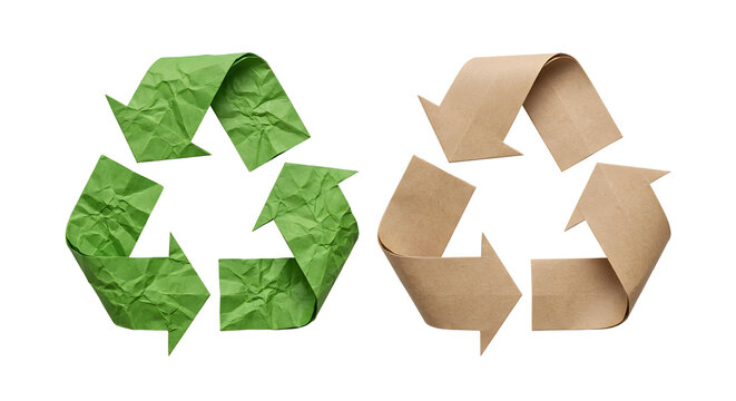 Green and brown recycled paper symbols promote eco friendly waste management and sustainability.