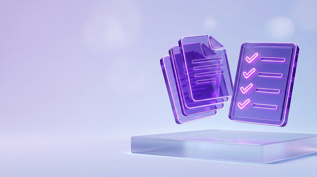 3D glassmorphism icons of purple glowing documents and a checklist with neon checkmarks floating over a glass platform on a light violet background with copy space for text.