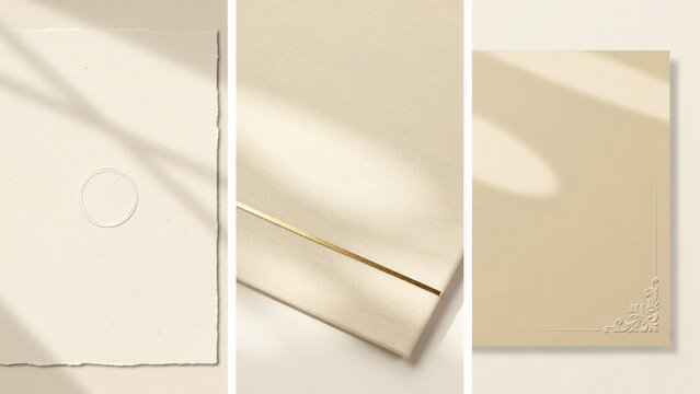 Three beige paper textures with subtle shadows and decorative embossed corner details