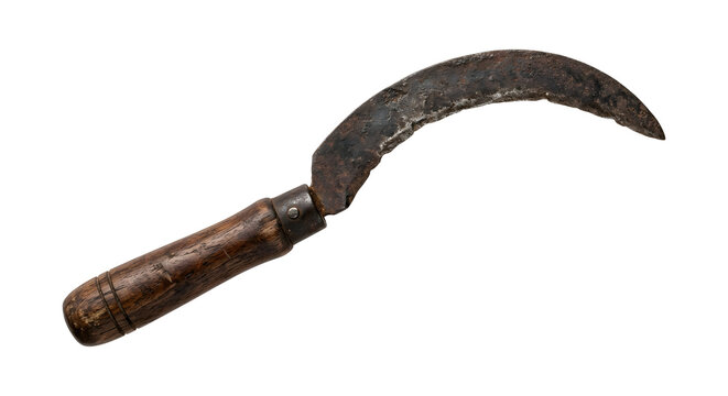 Rustic old sickle with wooden handle on transparent background ideal for agricultural themes.