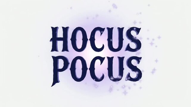 Typography spelling hocus pocus appears in dark blue textured letters against a light background with subtle purple vignette and floating specks.
