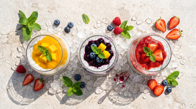 Three colorful chia puddings with mango, blueberry, and strawberry served on ice with mint.