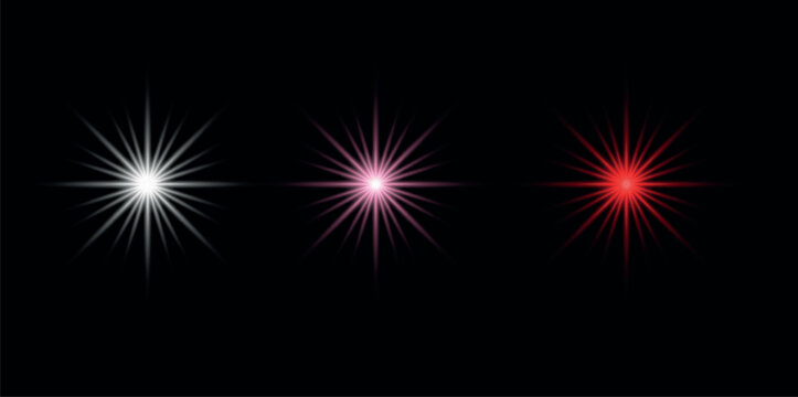 Set of three glowing starburst light effects with white pink and red colors isolated on black background