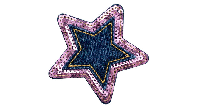 Sparkling pink sequin star patch on denim texture isolated on transparent background for fashion.