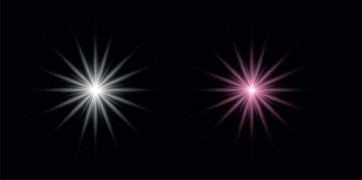 Two glowing starburst light effects with white and pink rays isolated on a solid black background